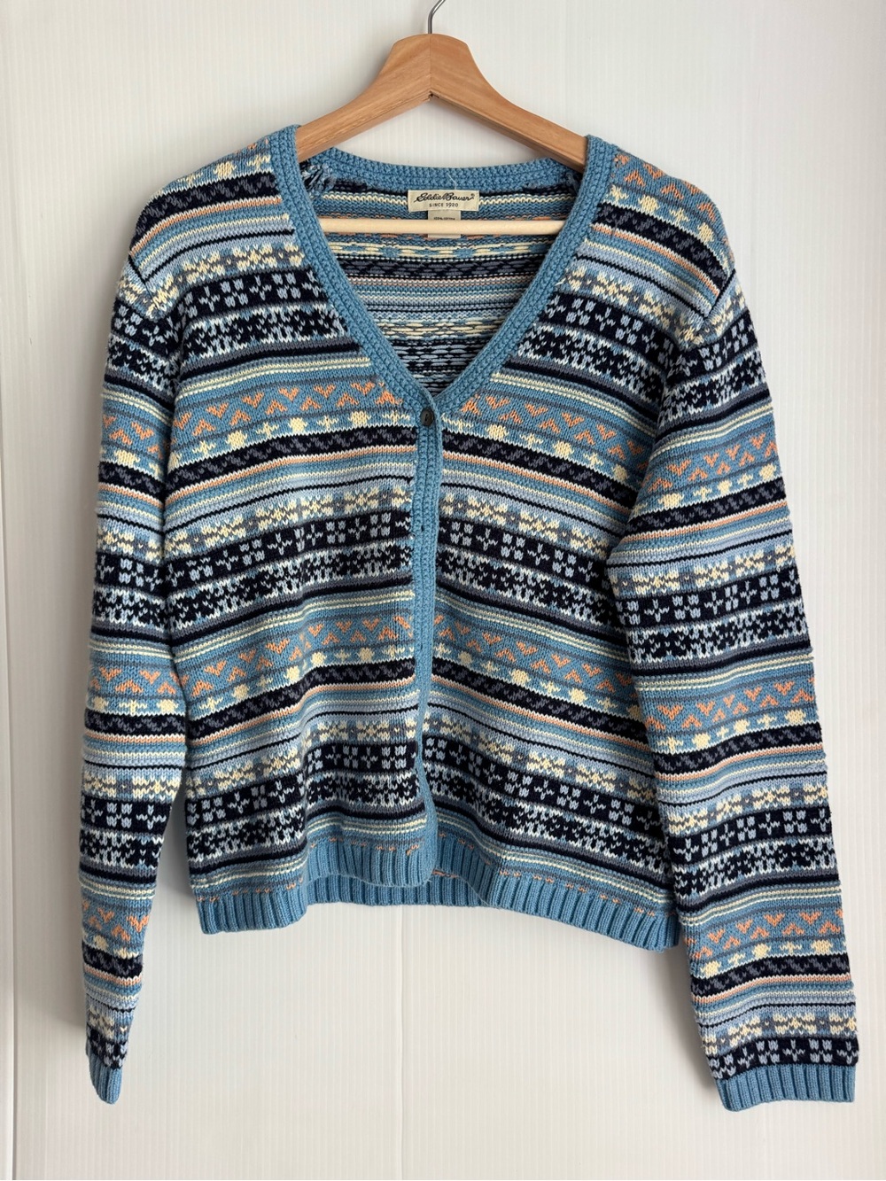 Vintage Eddie Bauer Light Blue Fair Isle V-Neck Cardigan Sweater 100% cotton